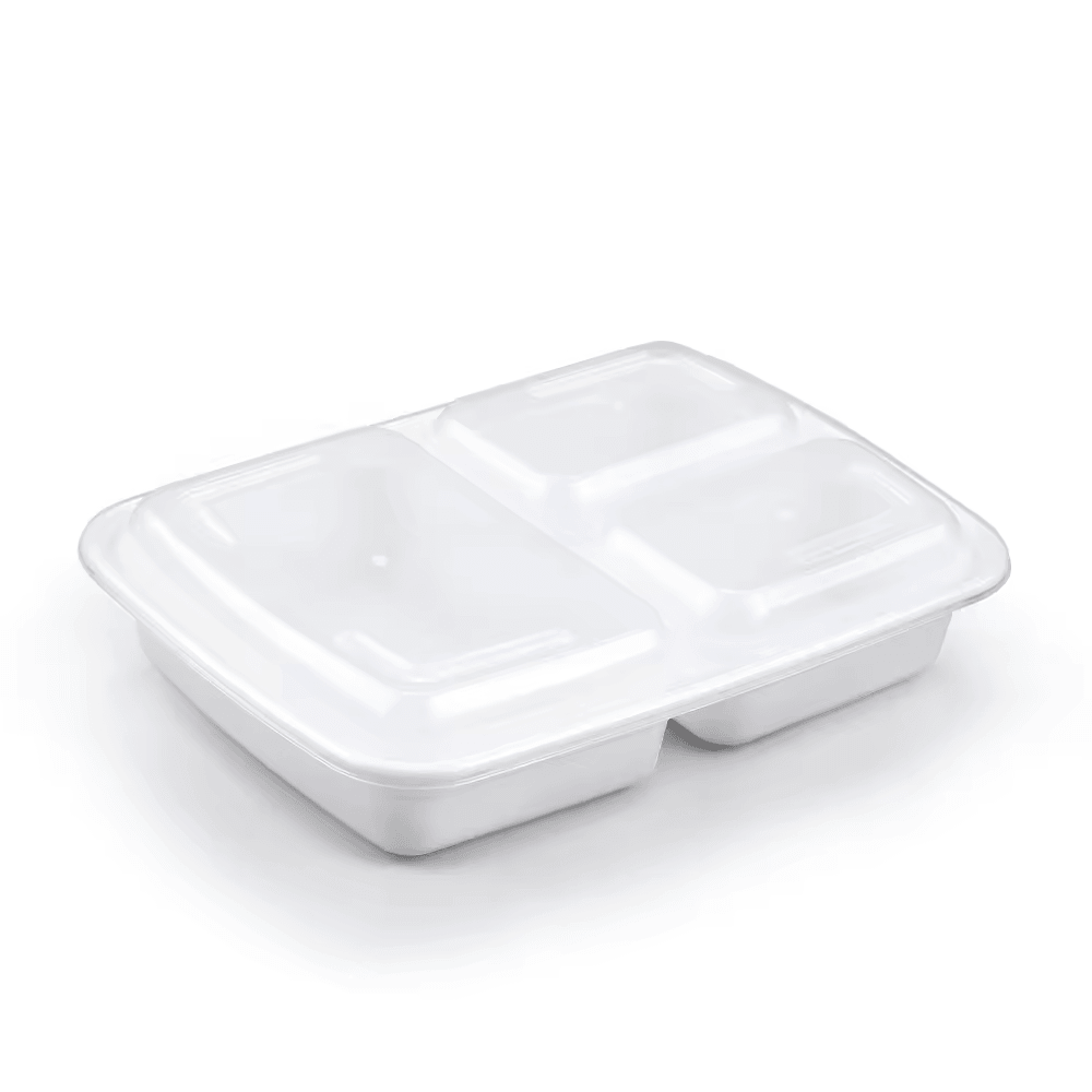 39oz PP 3-Compartment Rectangular Container with Lids - 150 Sets