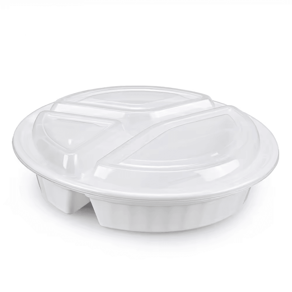 9" 48oz PP 3-Compartment Shallow Container with Lids - 150 Sets