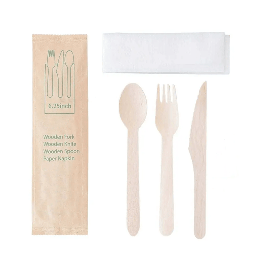 6.25" Wooden Compostable Cutlery Set (Fork, Spoon, Knife, Napkin) - 500PCS