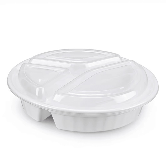 9" 48oz PP 3-Compartment Shallow Container with Lids - 150 Sets