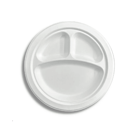 9" Sugarcane Round Plate (3 Compartment) - 500PCS