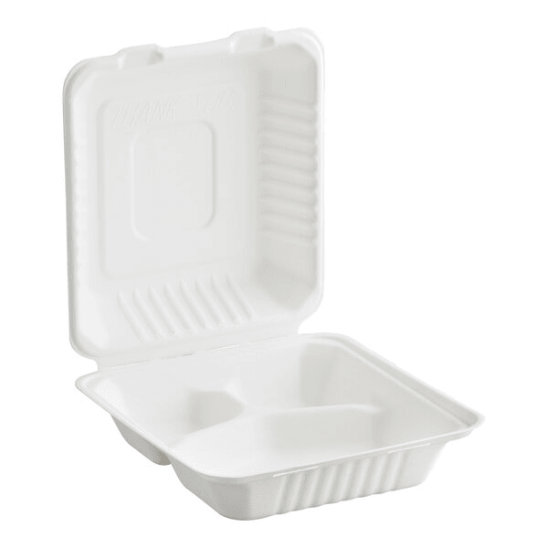 8x8 Sugarcane Clamshell Contaienr (3 Compartment) - 200PCS
