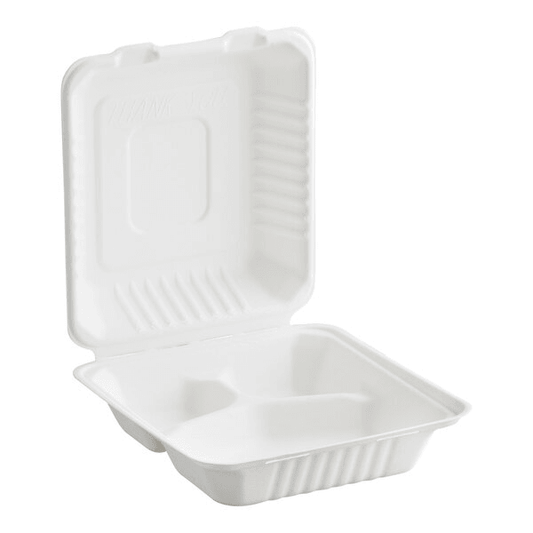8x8 Sugarcane Clamshell Contaienr (3 Compartment) - 200PCS